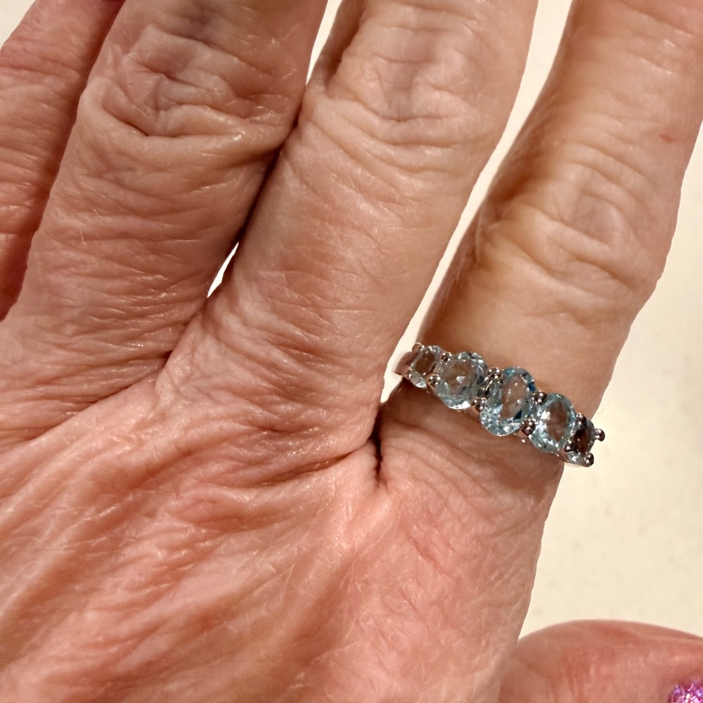 2carat Blue Topaz 5 stone ring on a band of white gold over sterling silver, 7